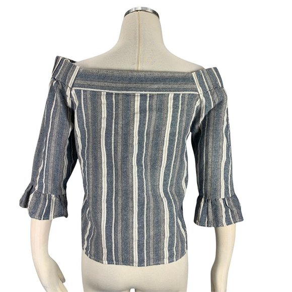 Vestique Small Blue Striped Linen Top Off Shoulder Nautical Beach - Picture 3 of 6